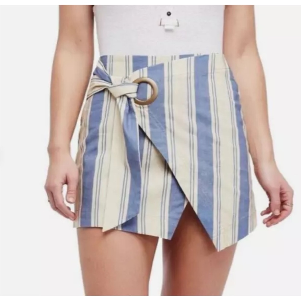Free People Blue and Cream Striped Wrap Mini Skirt